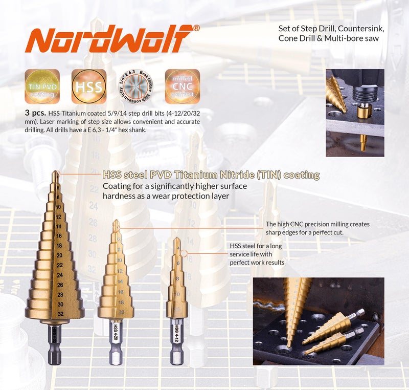 NordWolf 12-Piece HSS Titanium Metric Step, Countersink, Cone Drills with 1/4" Hex Shank, Multi Drill Saw & Automatic Center Punch Set in Storage Case - Image 4